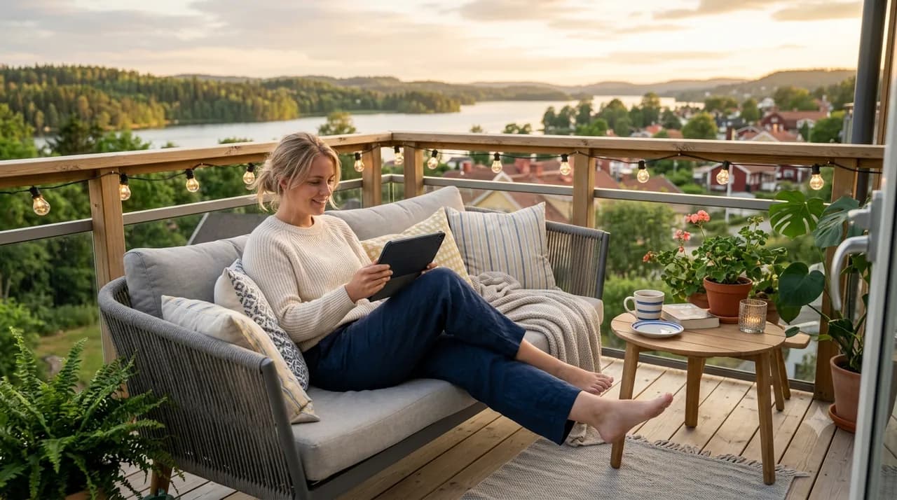 Avslappnad IPTV-streaming på balkong en svensk sommarkväll