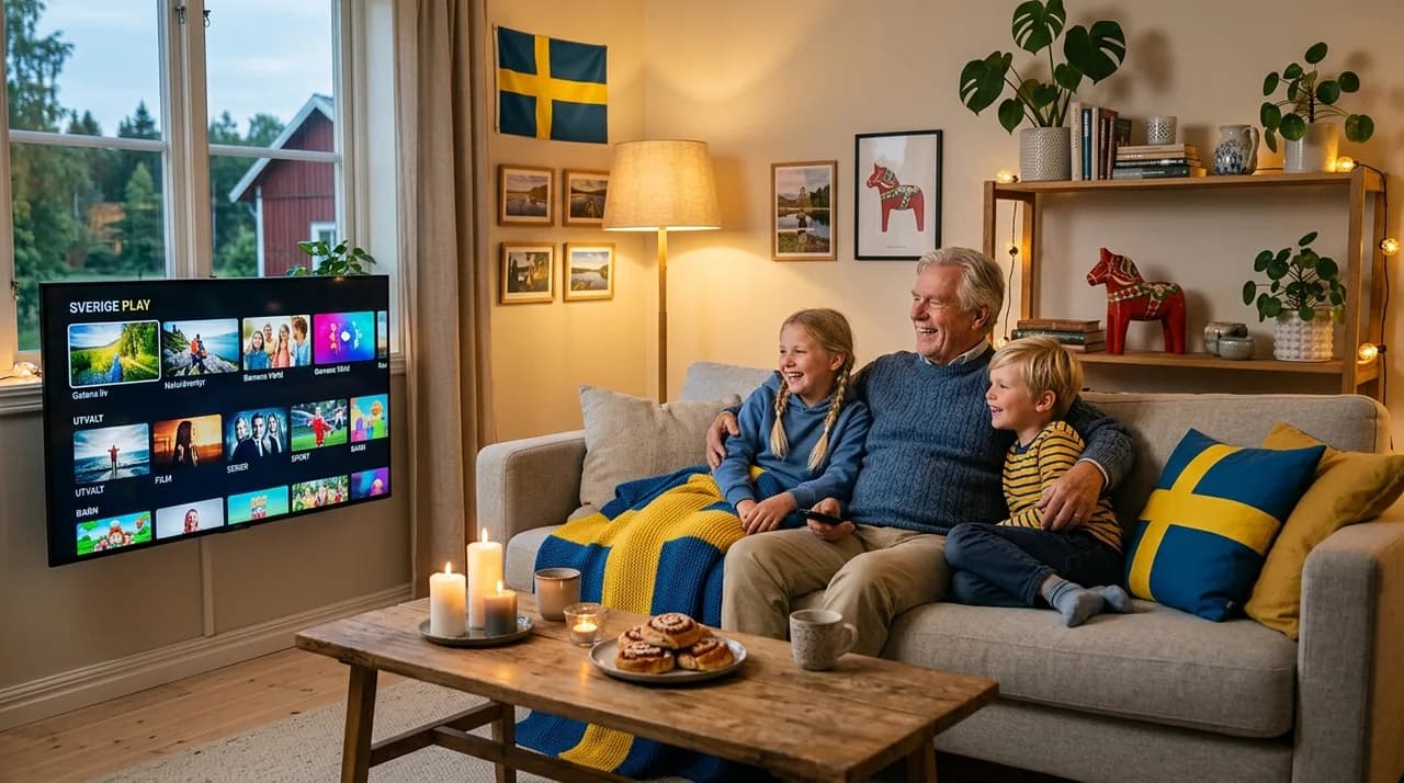 Familj samlad i soffan och ser på IPTV en kväll