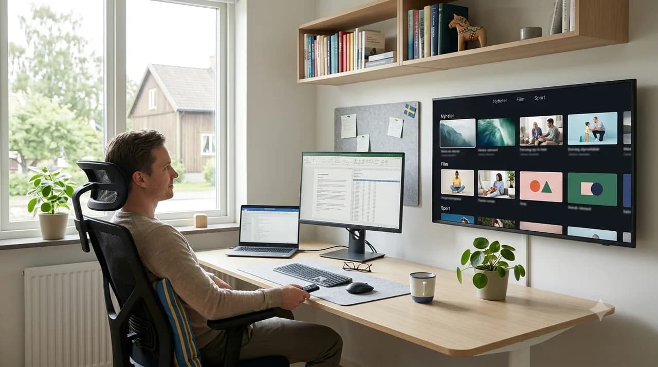 Man tar paus och ser på IPTV vid hemmakontoret
