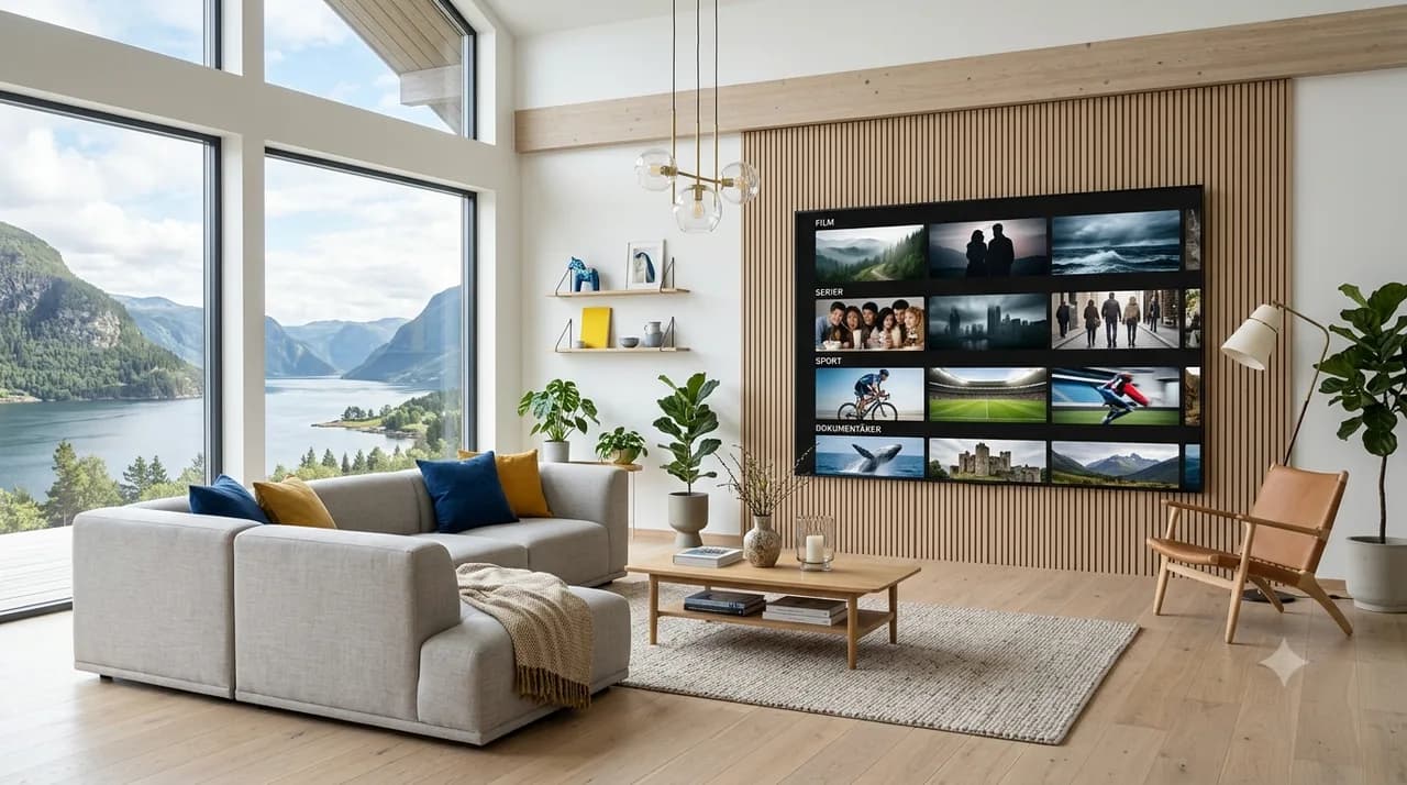 Minimalistiskt skandinaviskt vardagsrum med IPTV