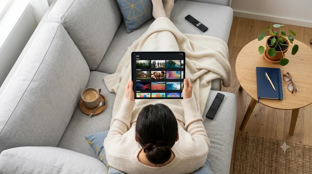 IPTV på surfplatta sett ovanifrån i mysig soffa