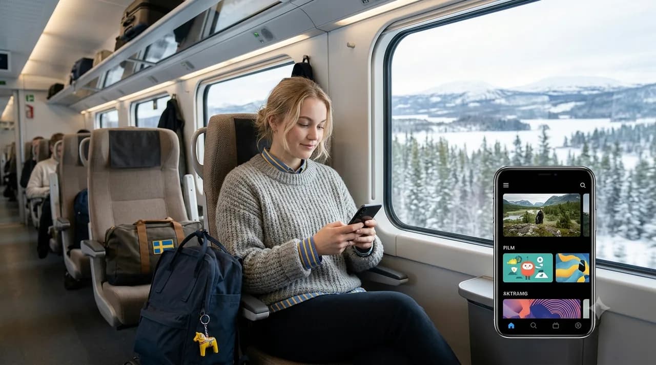 Resenär streamar IPTV på mobilen på tåget genom nordiskt vinterlandskap