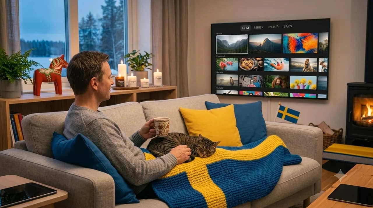 Person ser på IPTV under blågul pläd i svenskt hem