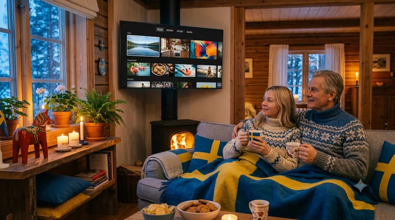 Par ser på IPTV i svensk stuga vid brasan