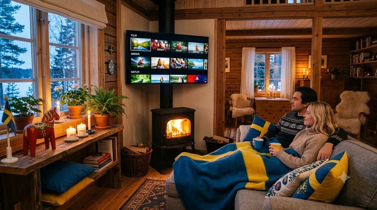 Par myser med IPTV i svensk stuga vid brasan