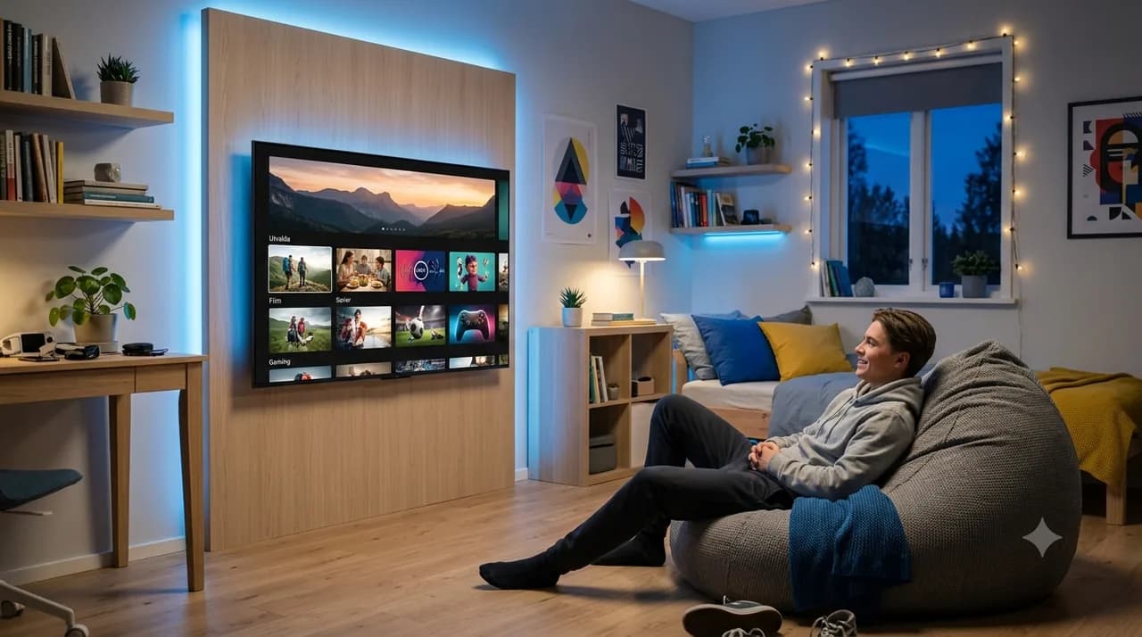 Stor smart-TV på vägg med IPTV-gränssnitt