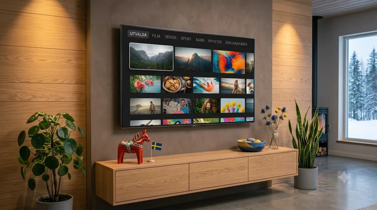 Mysigt nordiskt vardagsrum med IPTV på smart-TV